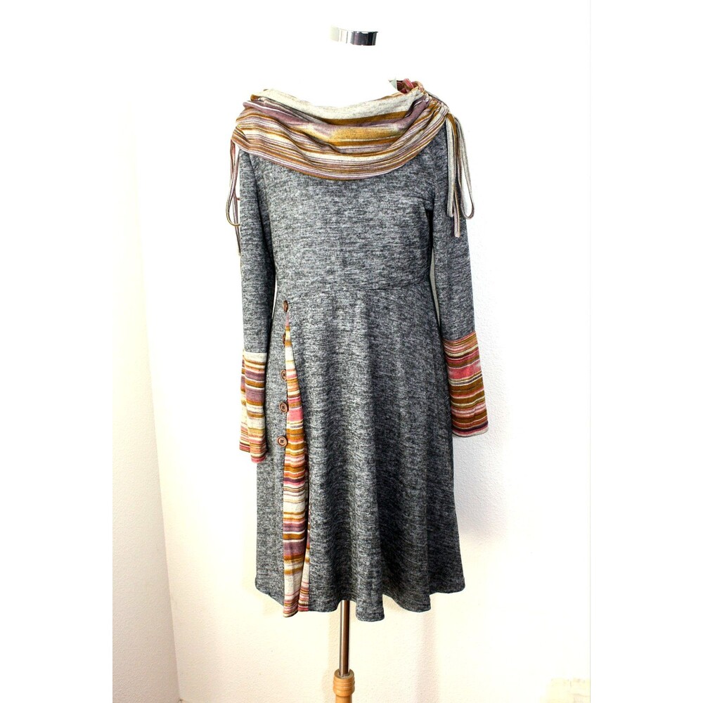 NWT DRESSFO Casual Knit Mini Dress Long Sl. Gray / Multicolor Stripes Sz. 12 #04